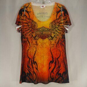 Harley Davidson Womens L Orange All Over Print Fire Wings Graceland Memphis TN